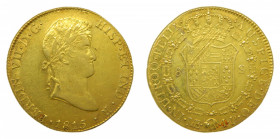 AMÉRICA. Fernando VII (1808-1833). 1815 JP. 8 escudo. Lima (AC 1762). 26,89 g Au. rayitas de ajuste en reverso. Busto laureado.
mbc+/ebc-