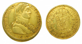 AMÉRICA. Fernando VII (1808-1833). 1810 FJ . 8 escudo. Santiago (AC 1864). 26,94 g Au. Marca de ceca invertida. Punto entre ET e IND, y sin punto entr...