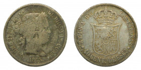ESPAÑA. Isabel II (1833-1868). 1865 Madrid 40 Céntimos de escudo. (AC 500) Curioso resello en anverso. rayitas
mbc-