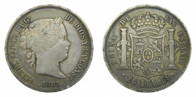ESPAÑA. Isabel II (1833-1868). 1861. 20 reales . Madrid . (AC 619) 25,89 g AR. Golpecito en canto. Patina
mbc