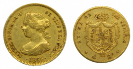 ESPAÑA. Isabel II (1833-1868). 1865. 4 escudos . Madrid . (AC 688) 3,33 g Au. puntito y rayita en anverso. 
bc+