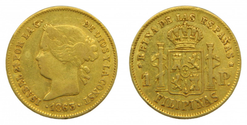 FILIPINAS. Isabel II (1833-1868). 1863 . 1 peso . Manila . (AC 823) 1,63 g Au.
...