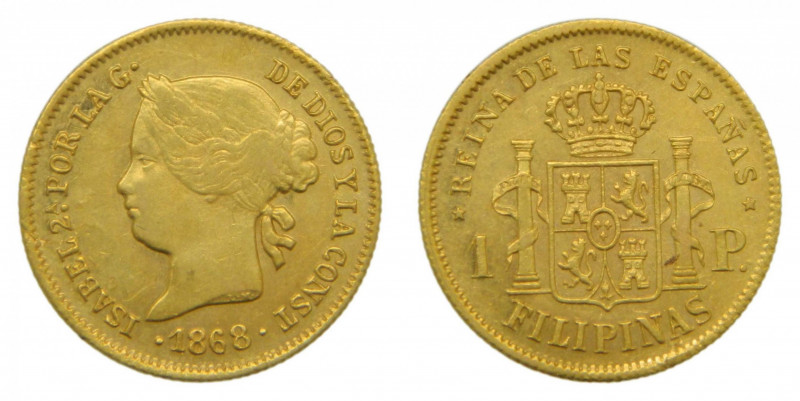 FILIPINAS. Isabel II (1833-1868). 1868 . 1 peso . Manila . (AC 833) 1,67 g Au. E...