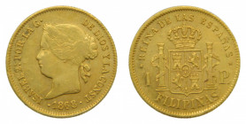 FILIPINAS. Isabel II (1833-1868). 1868 . 1 peso . Manila . (AC 833) 1,67 g Au. Escasa así.
ebc