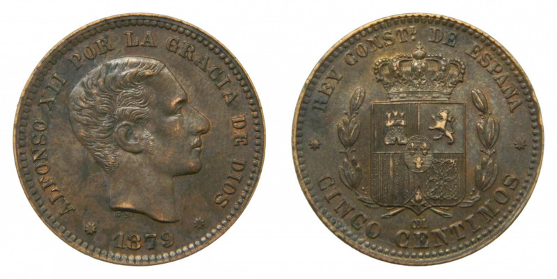 ESPAÑA. Alfonso XII (1874-1885). 5 céntimos. 1879. Barcelona. (AC 6).
ebc