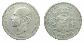 ESPAÑA. Alfonso XII (1874-1885). 1883 * 18-(83) flojo MSM. 2 pesetas. Madrid (AC 33) 9,83 g AR. 
mbc-