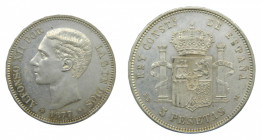 ESPAÑA. Alfonso XII (1874-1885). 1877 * 18-77 DEM. 5 pesetas. Madrid (AC 38) 24,75 g AR. Escasa en esta conservación.
ebc+/sc-