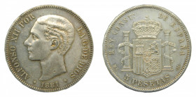 ESPAÑA. Alfonso XII (1874-1885). 1881 * 18-81 MSM. 5 pesetas. Madrid (AC 44) 24,97 g AR. leves marquitas. Muy rara así.
mbc+/ebc-