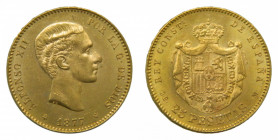 ESPAÑA. Alfonso XII (1874-1885). 1877 * 18-77 DEM. 25 pesetas. Madrid (AC 68) 8,07 g Au. Brillo original.
sc-