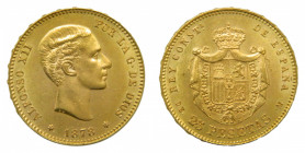 ESPAÑA. Alfonso XII (1874-1885). 1878 * 18-78 DEM. 25 pesetas. Madrid (AC 70) 8,0 g Au. Marquita en medio de la fecha. Brillo original.
sc-