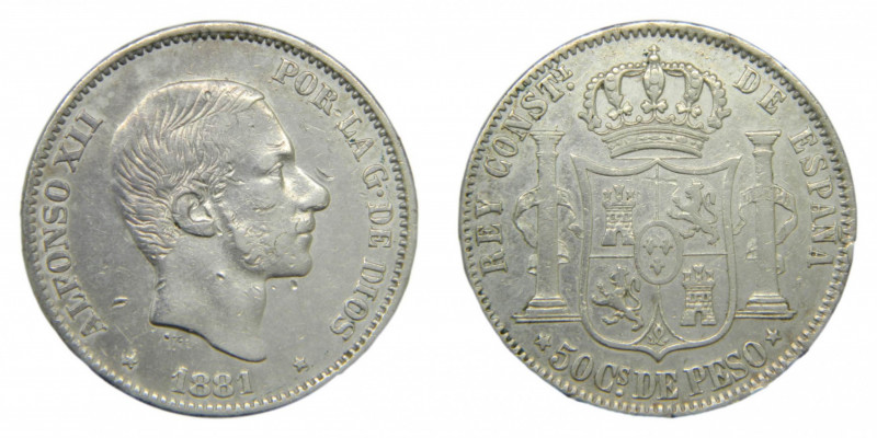 FILIPINAS. Alfonso XII (1874-1885). 1881 . 50 centavos de peso . Manila (AC 114)...