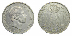 FILIPINAS. Alfonso XII (1874-1885). 1881 . 50 centavos de peso . Manila (AC 114) 12,77 g AR
mbc