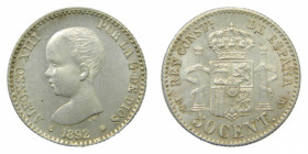 ESPAÑA. Alfonso XIII (1886-1931). 1892 *9-2. PGM. 50 céntimos. Madrid. (AC 38). 2,52 g. AR. Espectacular brillo original.
sc