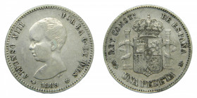 ESPAÑA. Alfonso XIII (1886-1931). 1889 *18-89. MPM. 1 peseta . Madrid. (AC 52). 5 g. AR. Primera estrella floja pero visible.
mbc-