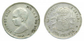 ESPAÑA.Alfonso XIII (1886-1931). 1891 *18-91. PGM. 1 peseta . Madrid. (AC 53). 4,96 g. AR.
mbc+
