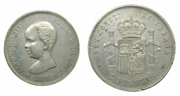 ESPAÑA. Alfonso XIII (1886-1931). 1890 *18-90. MPM. 5 pesetas . Madrid. (AC 95). 25,14 g. AR. leve golpecito en reverso
mbc+/ebc-