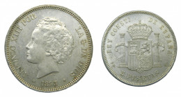ESPAÑA. Alfonso XIII (1886-1931). 1893 *18-93. PGL. 5 pesetas . Madrid. (AC 102). 24,98 g. AR. Brillo original. Muy bonita.
sc-