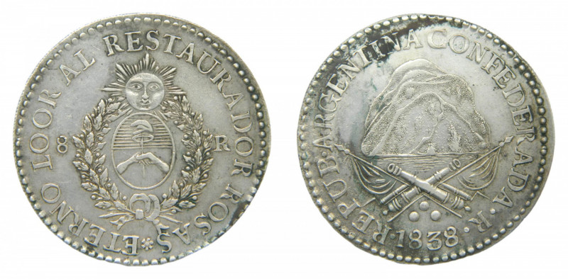 Argentina 8 reales 1838 R (km#8) La Rioja. Rotación de medalla. 26,94 g AR. Muy ...