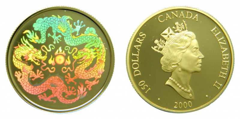 Canada 150 Dólares. Año 2000. Holograma. Año del Dragón. Peso: 13,69 g Au 750. 1...