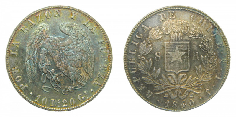 Chile 8 Reales 1840 So IJ. (km#96.1) solo 4556 unidades. 27,11 g. Anv: Escudo de...