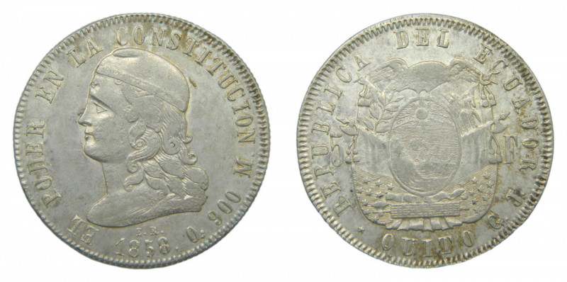 Ecuador 5 Francos. 1858 GJ. Quito. (km#39) 24,96 g AR. Rara. 
mbc+