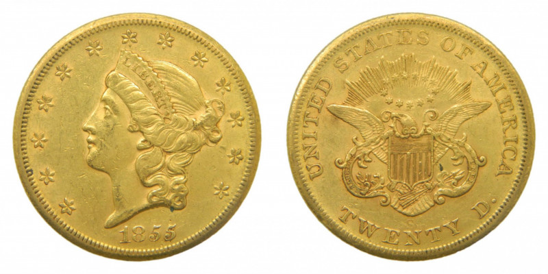 Estados Unidos. 20 dolares. 1855 S. San Francisco (km#74.1) Double Eeagle $20. 3...