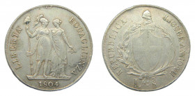 Italia. Genoa Liguiran Republic. 8 lire 1804. VII . (km#266.2) 33,06 g AR. gopecito en canto, estuvo colgada. 
bc