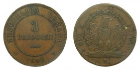 Italia. Roman Republic. 3 Baiocchi 1849 R. (km#23.1) 3 redondo. 25,26 g Copper. Hojita. 
mbc-