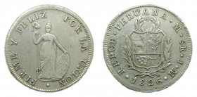 Peru 8 reales 1826 JM Lima . (km#142.1) FIRME Y FELIZ POR LA UNION. REPUBLICA PERUANA. 26,72 g AR.
mbc