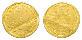 Portugal 1/2 escudo. 1722 L. Joannes V (km#210) hojita en anverso, marcas de haber sido doblada. 1,7 g Au. 
bc