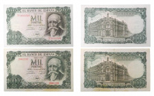 España 2 billetes de 1000 1971. José Echegaray. Uno de ellos en fondo verde sin serie. Podria ser una prueba. Curioso.
bc+/mbc