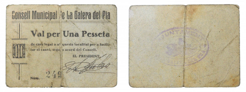 CATALUNYA 1 Pesseta El consell municipal de GALERA DEL PLA .1937. AT-1077. doble...