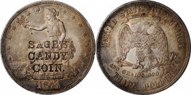 Counterstamps

New York-- Buffalo. SAGE'S / CANDY / COIN. on the obverse of an 1874 trade dollar. Brunk S-86, Rulau NY-Bf 20. Host coin About Uncirc...