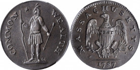 Massachusetts Cent

1787 Massachusetts Cent. Ryder 2b-A, W-6040. Rarity-2. Arrows in Left Talon, Horned Eagle. AU-53 (PCGS).

155.6 grains. A memo...