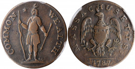 Massachusetts Cent

1787 Massachusetts Cent. Ryder 2b-A, W-6040. Rarity-2. Arrows in Left Talon, Horned Eagle. VF-25 (PCGS).

139.0 grains. Blende...