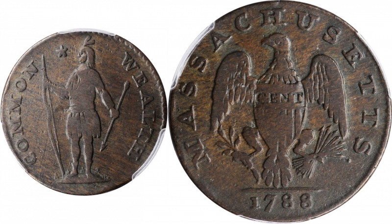 Massachusetts Cent

1788 Massachusetts Cent. Ryder 15-M, W-6400. Rarity-5-. Pe...