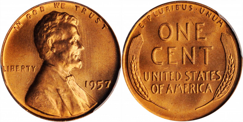 Lincoln Cent

1957 Lincoln Cent. MS-67 RD (PCGS). CAC.

Traces of die polish...