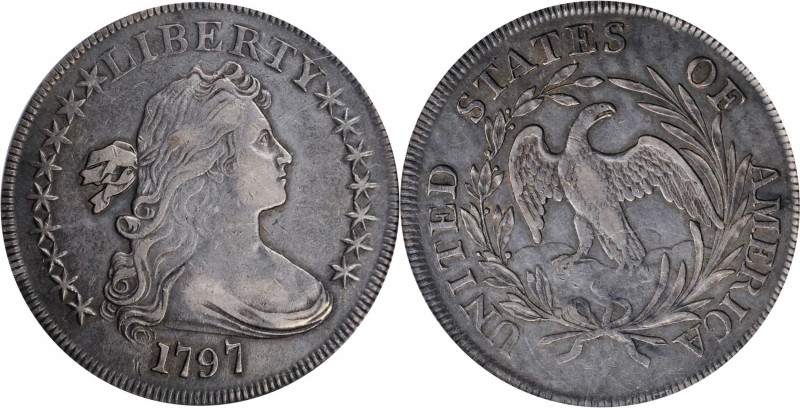 Draped Bust Silver Dollar

1797 Draped Bust Silver Dollar. BB-73, B-1. Rarity-...