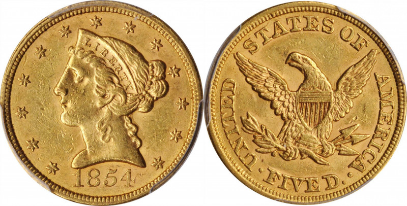 Liberty Head Half Eagle

1854 Liberty Head Half Eagle. AU-58 (PCGS). CAC.

L...