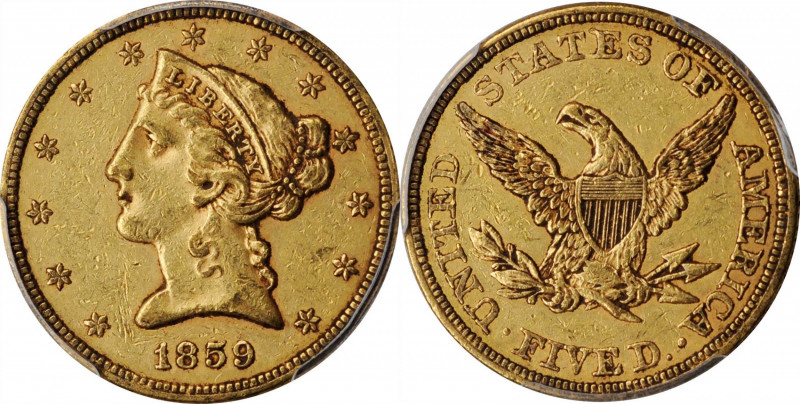 Liberty Head Half Eagle

1859 Liberty Head Half Eagle. AU-50 (PCGS).

This r...