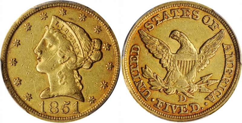 Liberty Head Half Eagle

1851-D Liberty Head Half Eagle. AU-50 (PCGS). CAC.
...