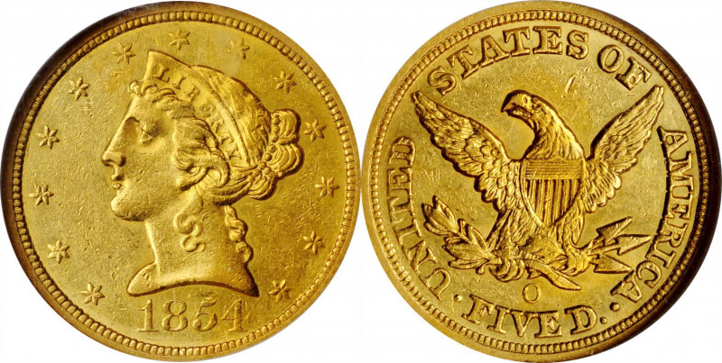 Liberty Head Half Eagle

1854-O Liberty Head Half Eagle. Winter-1. AU-55 (NGC)...