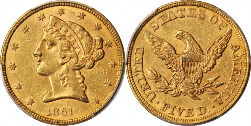 Liberty Head Half Eagle

1861 Liberty Head Half Eagle. AU-58+ (PCGS). CAC.

...