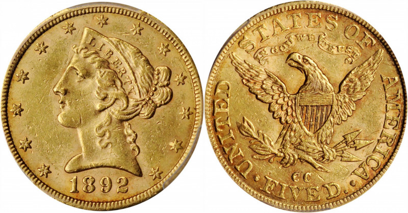 Liberty Head Half Eagle

1892-CC Liberty Head Half Eagle. Winter 1-A, the only...