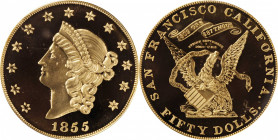 Kellogg & Co. $50

"1855" Kellogg & Co. $50. Commemorative Restrike. Struck September 3, 2001. Gem Proof (PCGS).

A simply beautiful coin, both si...