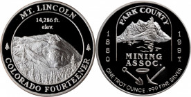 Commemorative Medals

1997 Park County Mining Association Medal. Silver. Proof.

38.5 mm. 31.2 grams, .999 fine. Obv: Mining Association logo. Rev...