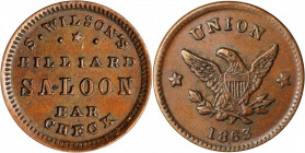 Civil War Store Cards

Location Unknown. 1863 S. Wilson's Billiard Saloon. Fuld-LUT-1a. Rarity-7. Copper. Plain Edge. About Uncirculated.

19 mm....