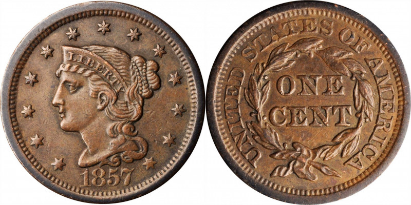 Braided Hair Cent

1857 Braided Hair Cent. N-1. Rarity-1. Large Date. Extremel...