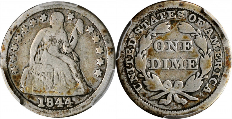 Liberty Seated Dime

1844 Liberty Seated Dime. Fortin-102. Rarity-4. VG Detail...