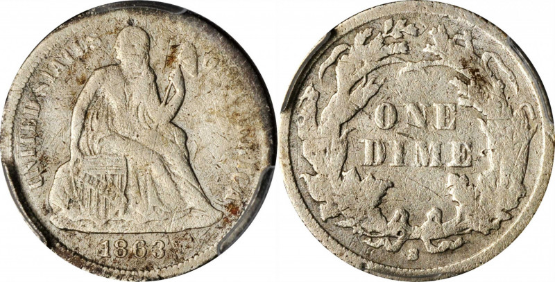 Liberty Seated Dime

1863-S Liberty Seated Dime. Fortin-101, the only known di...